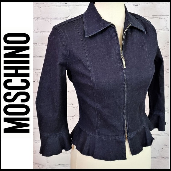 Moschino Front Zip Lightweight, Fitted Denim Ruffle Jacket Blazer, Size 8 - Picture 5 of 9